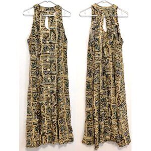 VINTAGE VTG ? JONI BLAIR Yellow Aztec Geo Geometric Tile Print Summer Midi Dress